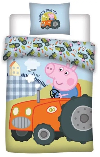 Billede af Junior sengetøj 100x140 cm - Gustav gris og traktor - 2 i 1 design - 100% bomulds sengesæt hos Shopdyner.dk